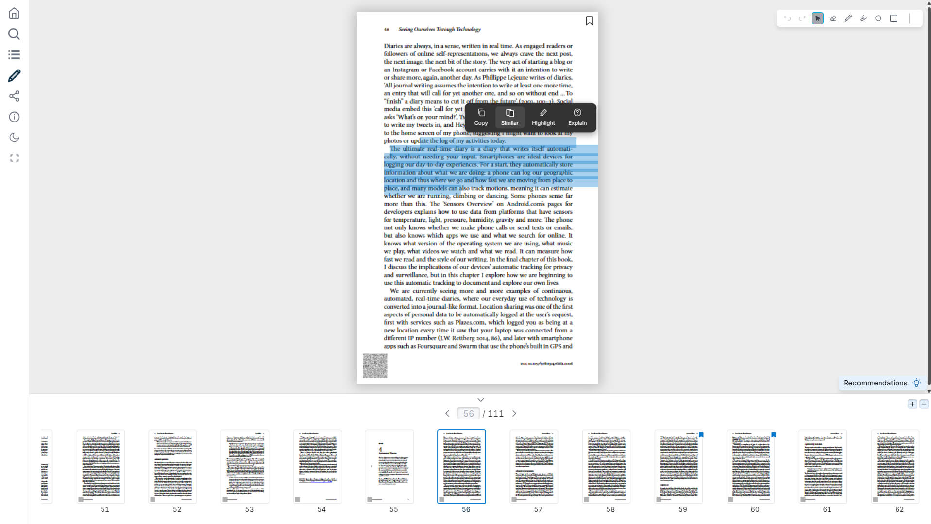 The ELVIRA reader with a book open, page thumbnails along the bottom